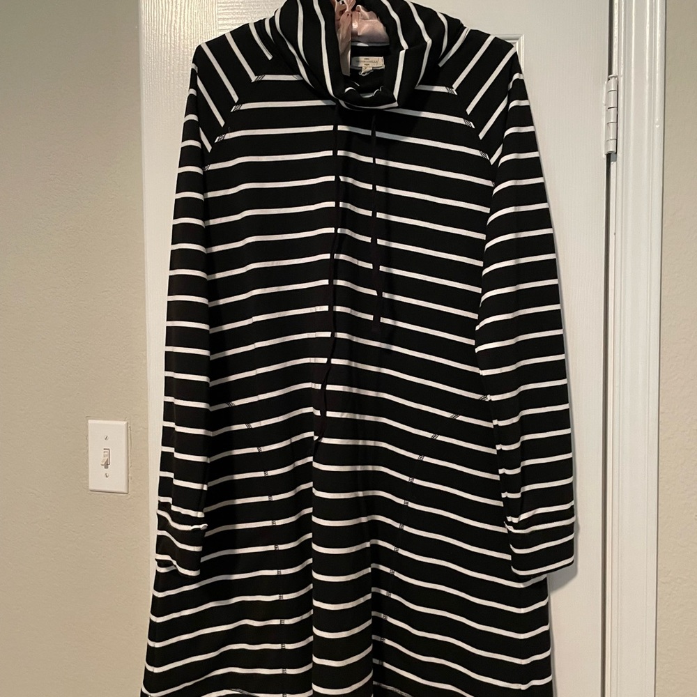 Black and white stripe long tunic dress with pockets and faux turtleneck